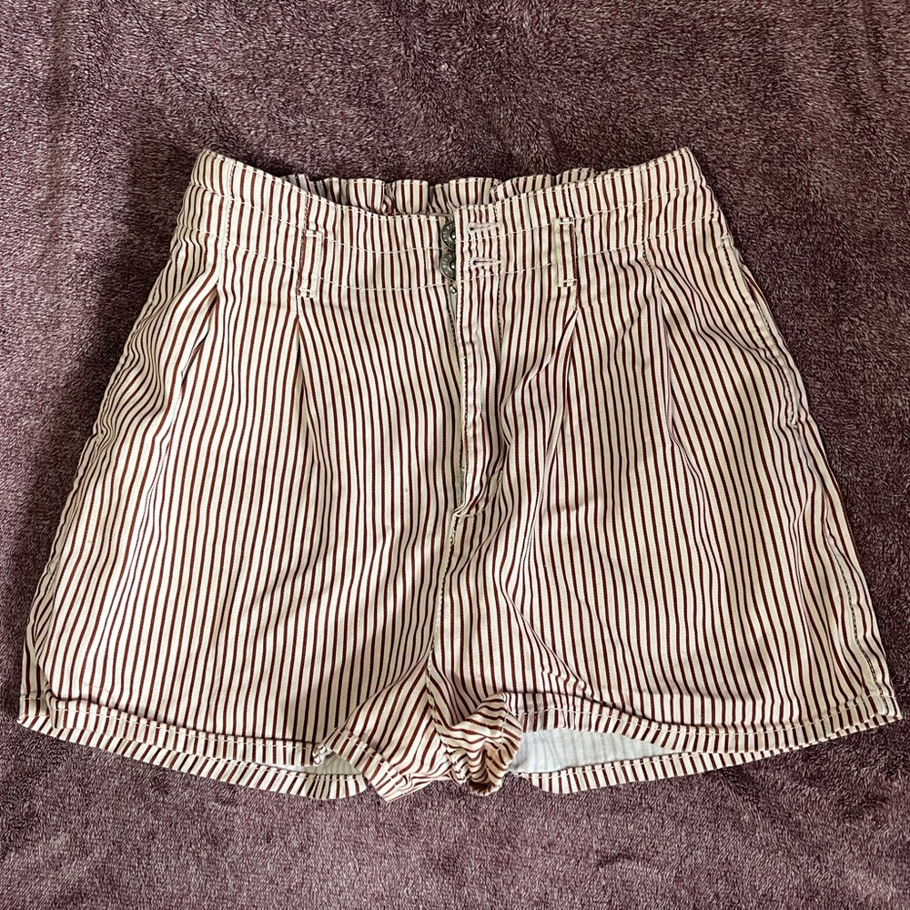 Urban Outfitters High Waist Striped Shorts - Cream and Brown